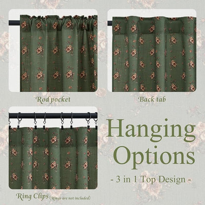 StangH Vintage Green Floral Linen Curtains 84-Inch Long, 2 Panels – Rose on Green Variation