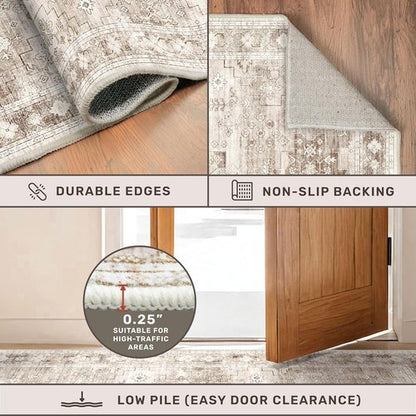 Hazo Haus Washable Area Rug - Neutral Farmhouse Design | Stain Resistant, Non-Slip, 5x7 Beige/Latte
