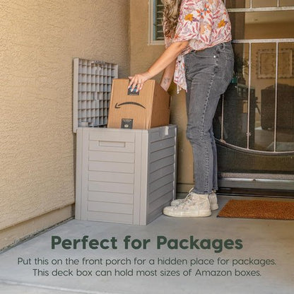IRIS USA 35-Gallon Outdoor Storage Box - Lockable, UV-Protected & Weather-Resistant | Stylish Beige Design for Cushions & Garden Tools