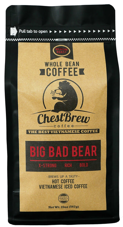 Chestbrew Whole Bean Coffee. Strong Medium Roast Vietnamese Coffee - Big Bad Bear Premium 20 Ounce Bag