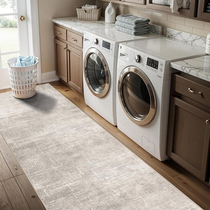 Abstract 2x10 Kitchen Rug Runners - Soft, Washable Non-Slip Area Rug for Hallway & Entryway | Beige/Cream