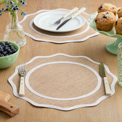MARTHA STEWART Hessian Textured Wedge Border Placemats 6-Pack Set, 100% Natural Jute & Burlap, Woven Scallop Border Placemat, Natural/White, 15”x15” Round