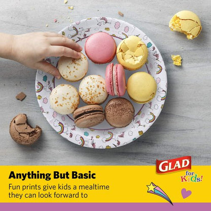 Glad for Kids Unicorn Theme Kids Plates, Heavy-Duty Round Disposable Paper Plates with Soak-Proof Coating, Microwave Safe for Snacks & Meals, Cute Unicorn Print, 8.5 Inch, 20 Count