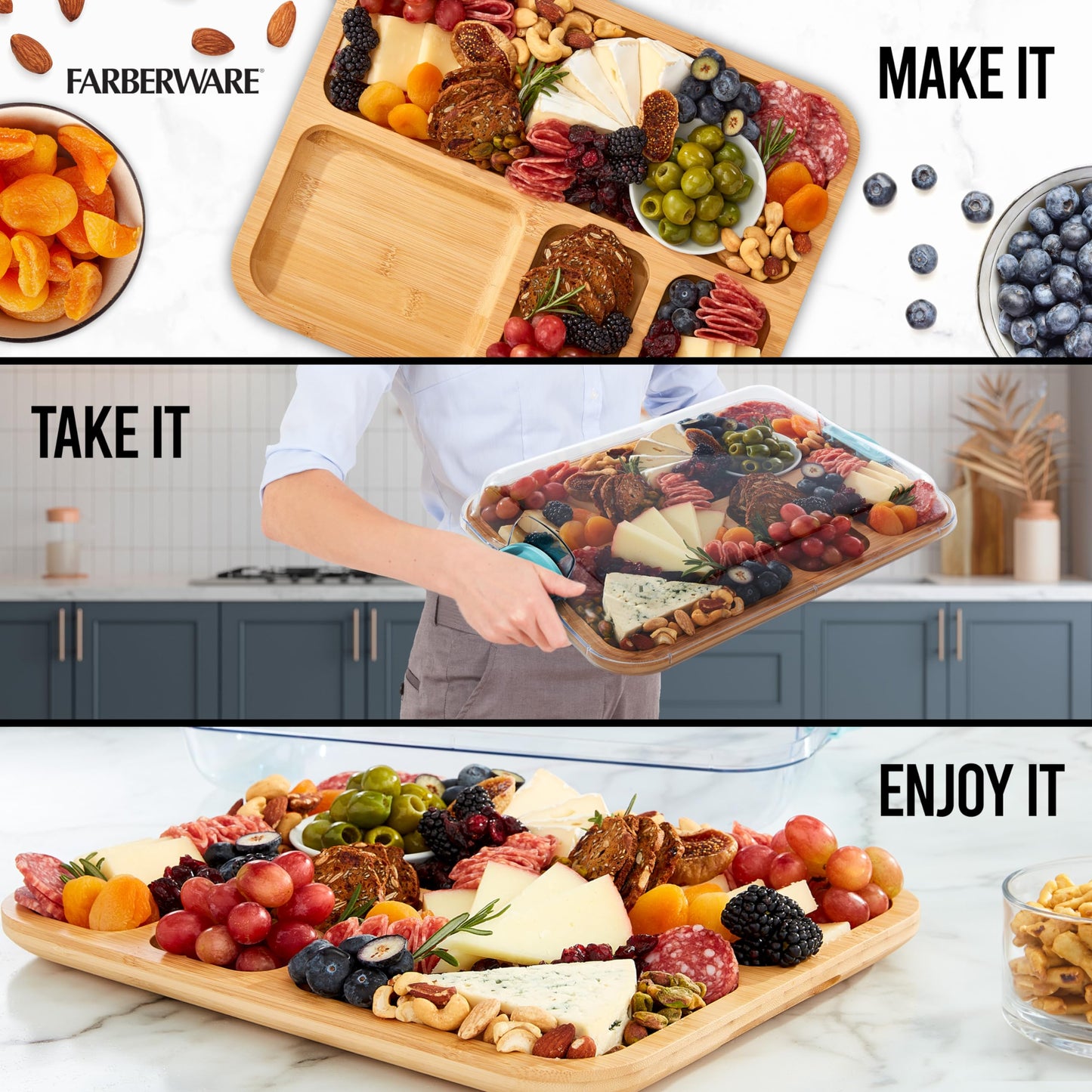 Farberware Build-A-Board Bamboo Cutting Board with Built-in Compartments and Clear Locking Lid with Blue Handles, Perfect for Charcuterie, Snacks, and More - Make it. Take it. Enjoy it, 11x14 Inches