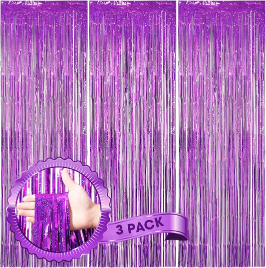 Voircoloria Laser Purple Foil Fringe Backdrop Curtains - 3 Pack Tinsel Streamers for Parties & Events