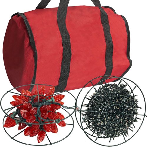 Dazzle Bright Christmas Lights Storage Bags - Tear-Proof Red Oxford Fabric with 3 Metal Reels & Reinforced Handles