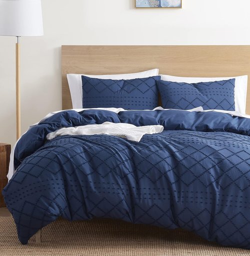 Boho Bedding Queen Duvet Cover Set - Navy Textured 3-Piece Tufted Design, 90x90 Inches with Zipper Closure