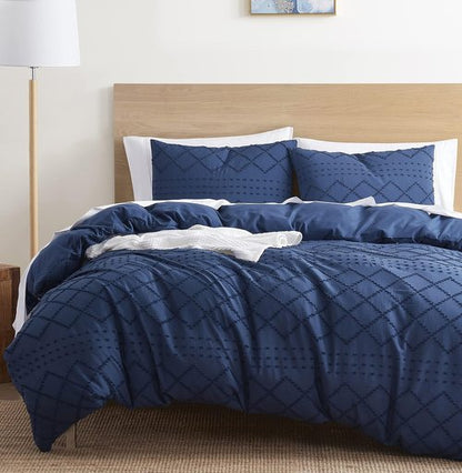 Boho Bedding Queen Duvet Cover Set - Navy Textured 3-Piece Tufted Design, 90x90 Inches with Zipper Closure