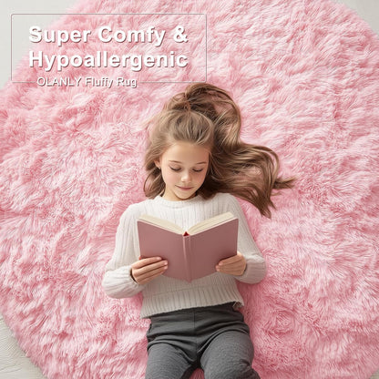 OLANLY Pink Round Area Rug - Soft, Fluffy, Machine Washable 8 ft Circle Carpet for Bedrooms & Nurseries