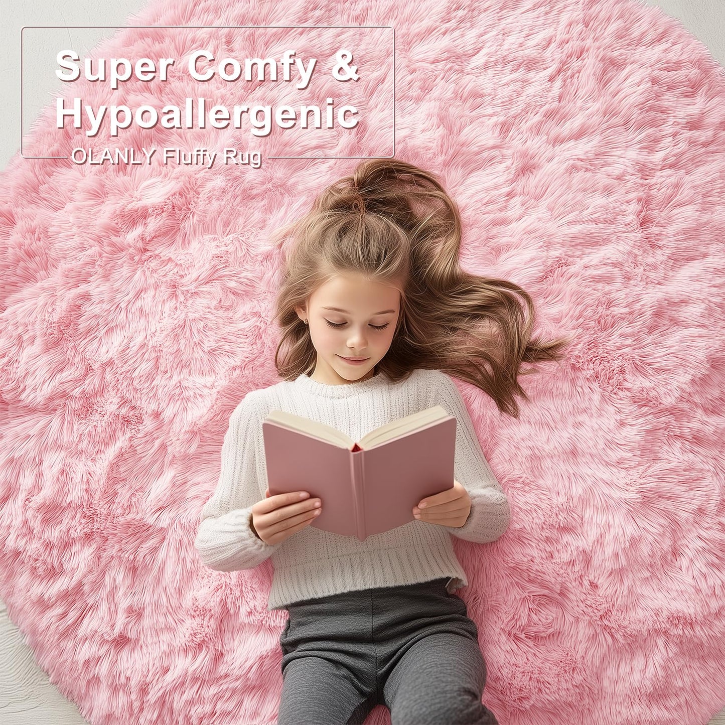 OLANLY Pink Round Rugs for Bedroom - Machine Washable, 7 ft Circle Area Rugs for Living Room, Soft and Fluffy Shaggy Carpet for Teen Girls and Boys, Nursery Rooms, Dorms, Home Decor Aesthetic