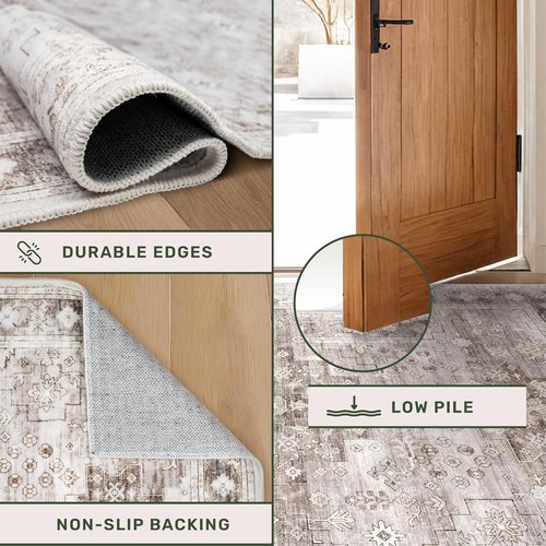 Hazo Haus Hallway Runner Rug - Washable, Non-Slip & Stain Resistant | 2'6"x8' Beige/Latte Boho Floral Decor