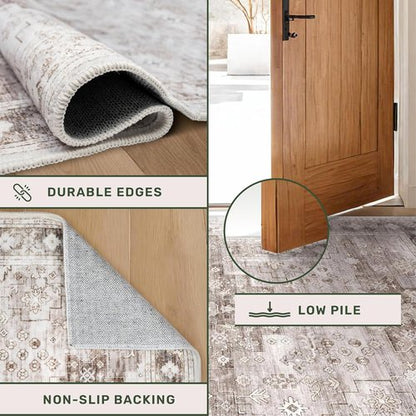 Hazo Haus Hallway Runner Rug - Washable, Non-Slip & Stain Resistant | 2'6"x8' Beige/Latte Boho Floral Decor