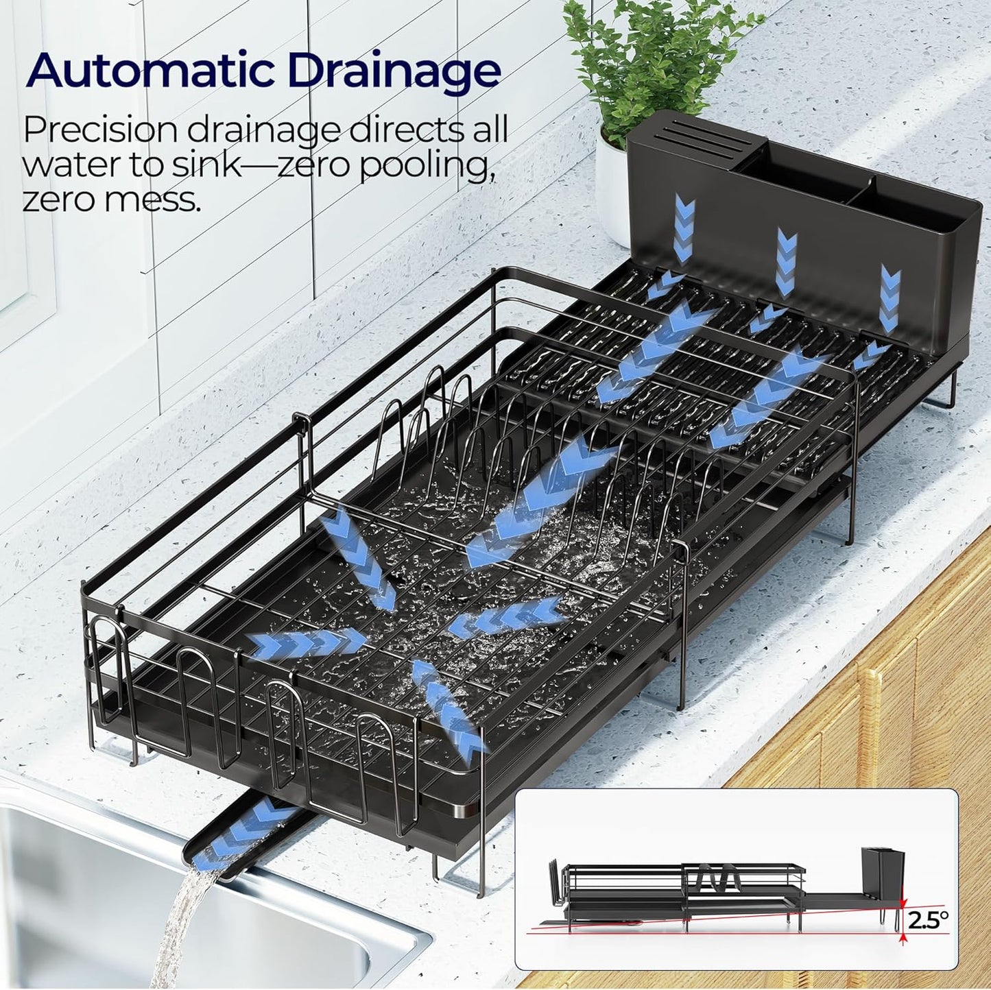 Skiennix Large Dish Drying Rack - Expandable Kitchen Counter Drainer with Utensil & Cup Holder | 13.4"-28.7" L x 11.8" W