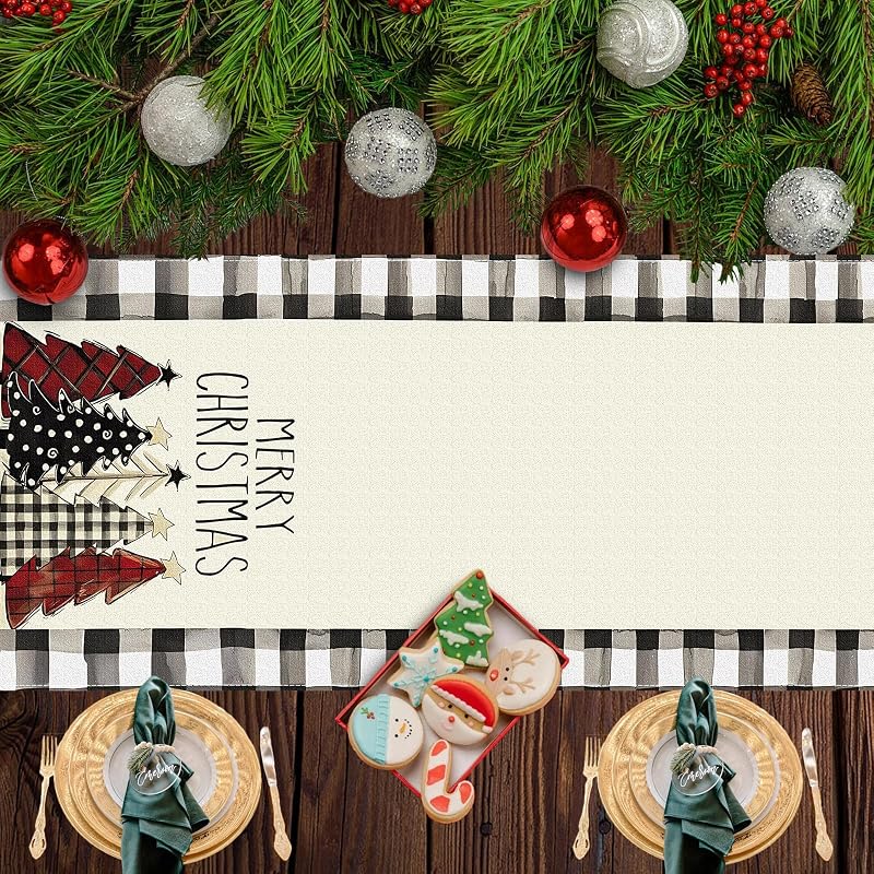 Red & White Christmas Table Runner 13x48 in - Buffalo Check Holiday Decor, 48in
