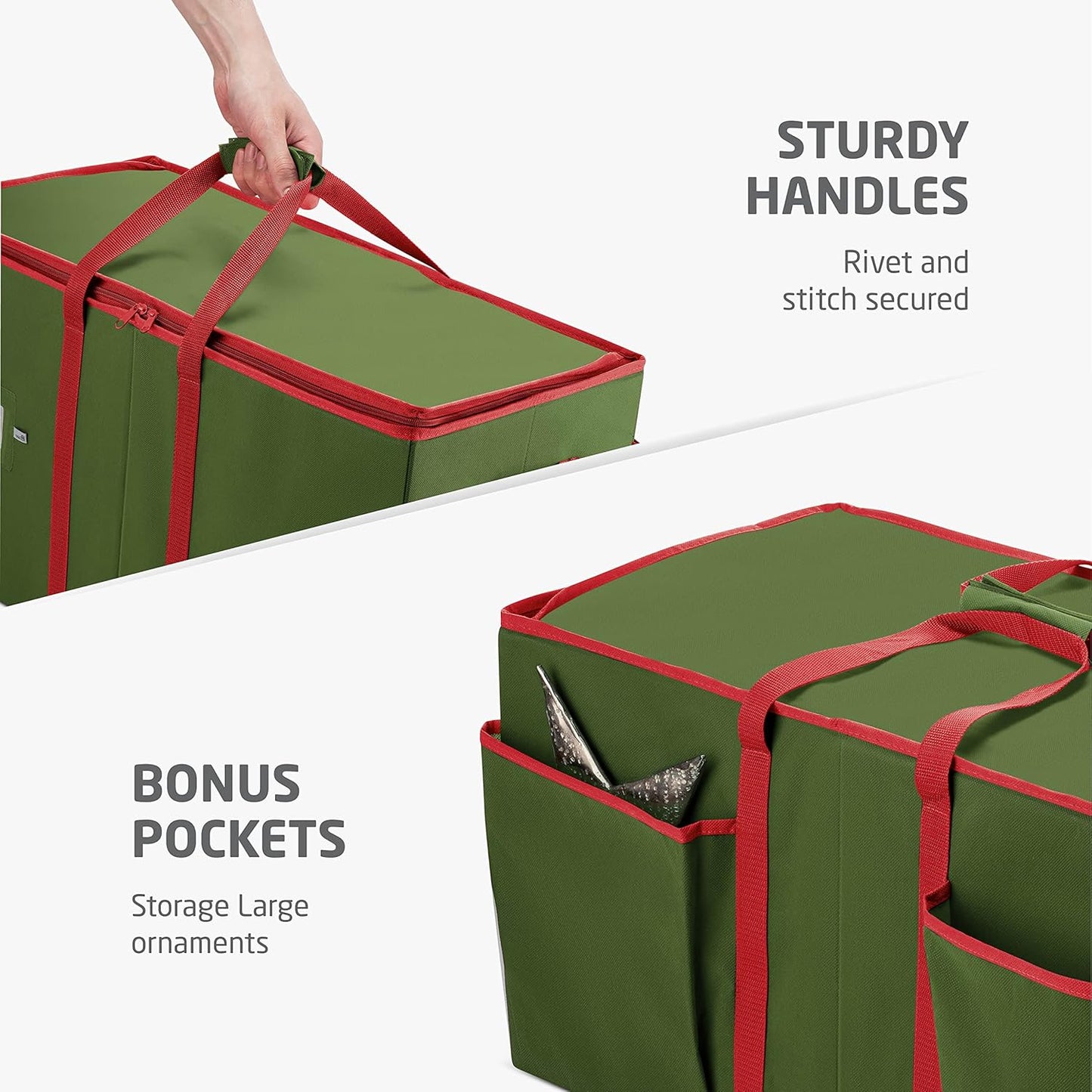 ZOBER Large Christmas Ornament Storage Box - Organize 128 3" Ornaments with Dividers - Durable Green Container with Extra Pockets & Dual Zipper