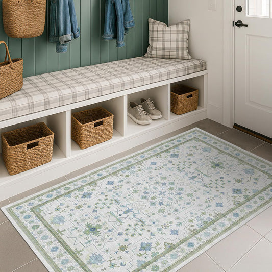 Regine Switzerland Washable Entryway Rug - Vintage Boho Floral Design 3x5 for Indoor Use