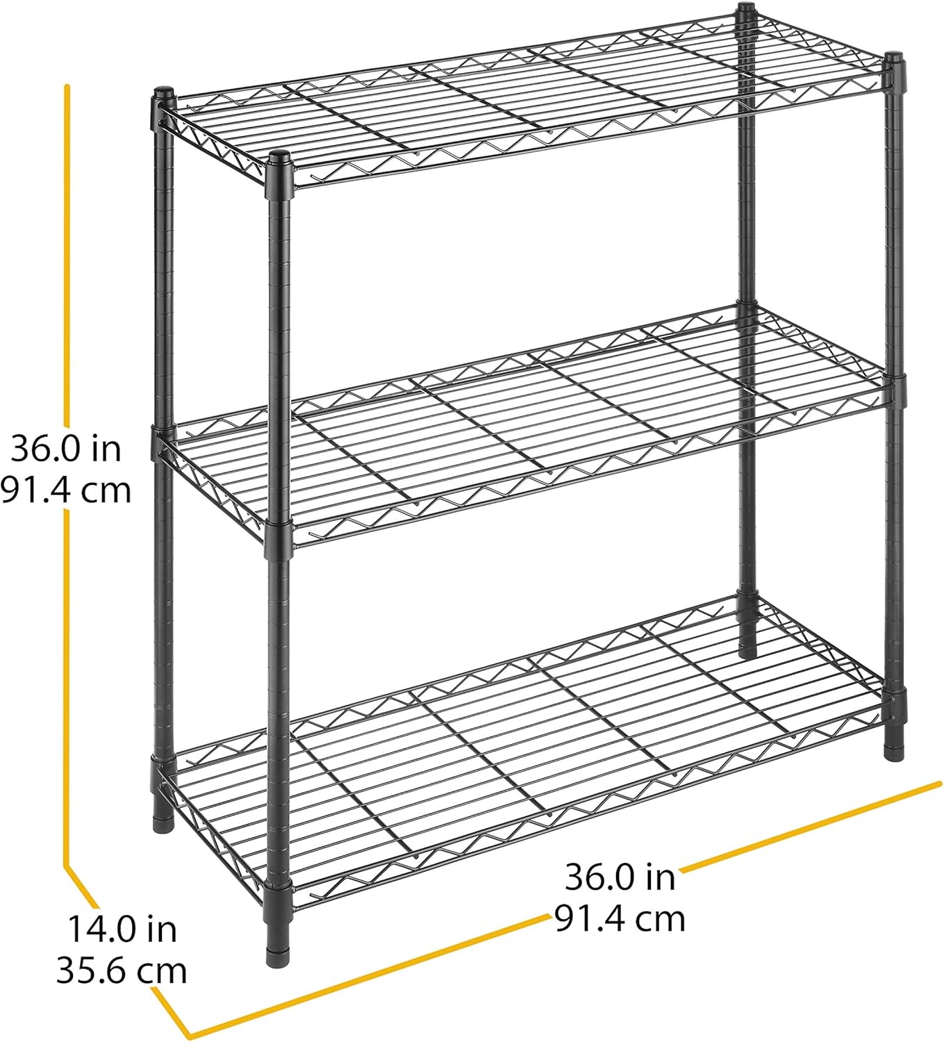 Whitmor 3 Tier Shelving Unit - Heavy Duty Metal Storage Shelves | 400 lbs Capacity Per Shelf, Adjustable, Black, 36"L x 14"W x 36"H