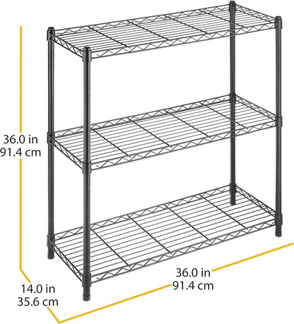 Whitmor 3 Tier Shelving Unit - Heavy Duty Metal Storage Shelves | 400 lbs Capacity Per Shelf, Adjustable, Black, 36"L x 14"W x 36"H