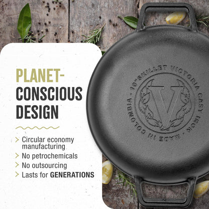 Victoria Cast Iron Round Skillet with Double Loop Handles, Made in Colombia, 10 Inches