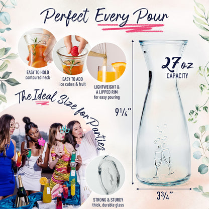 Prestige Mimosa Bar Kit - Glass Carafe (27oz) & Brunch Decor, Pitcher w/Plastic Lid, Bubbly Juice Carafes for Mimosa Bar Supplies, Baby Bridal Shower (Set of 3)