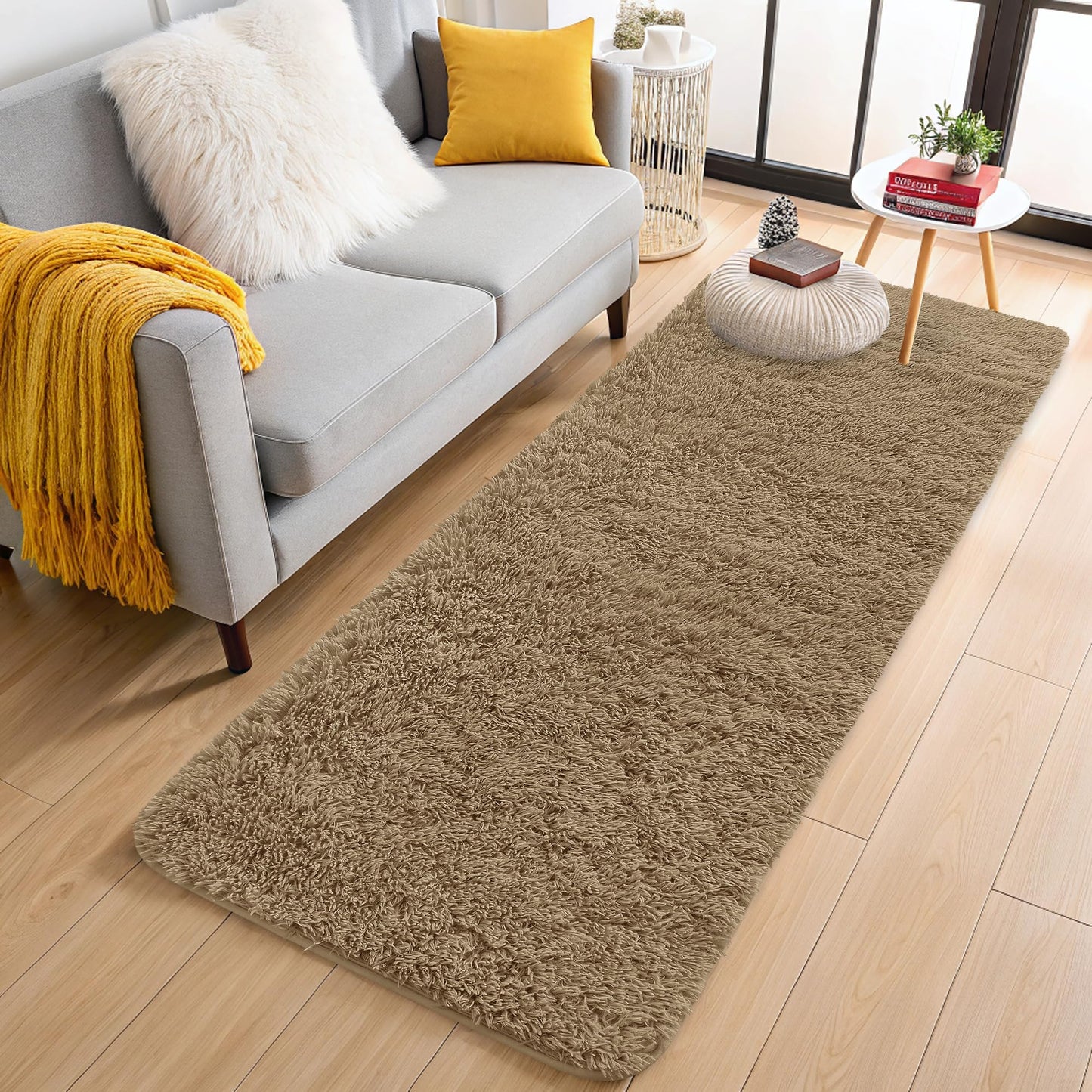 OLANLY 2x4 Machine Washable Runner Rugs for Hallway, Soft Fluffy Shaggy Bedside Rugs for Bedroom, Living Room, Indoor Floor Carpet for Kids Girls and Boys, Home Decor Aesthetic, Taupe
