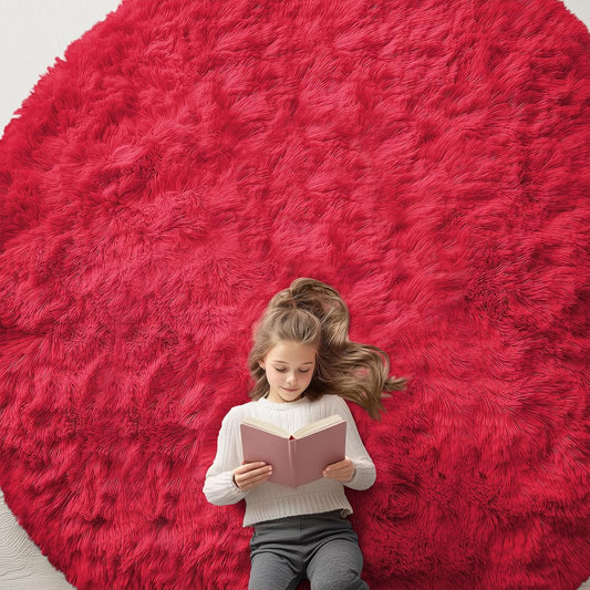 OLANLY Red Round Area Rug - Soft, Fluffy, Machine Washable 9 ft Circle Carpet for Bedrooms & Nurseries