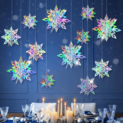 Cheerland Iridescent Snowflake Garland - Holographic 3D Streamers for Winter Wonderland Party Decor