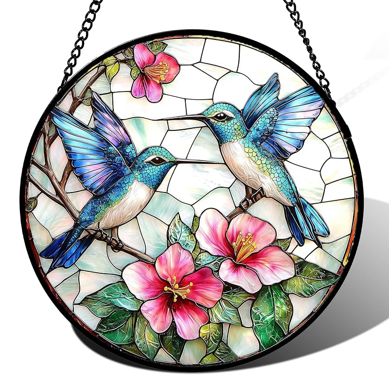 Blue White Hummingbird Stained Glass Suncatcher 15 in - Variation Blue Pink + 15x15 IN