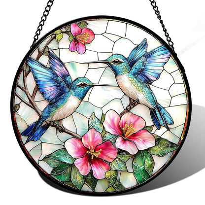 Blue White Hummingbird Stained Glass Suncatcher 15 in - Variation Blue Pink + 15x15 IN