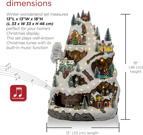 Alpine Corporation 18" Tall Indoor Animated Winter Wonderland Set - 75 LED Lights, Music & Moving Train