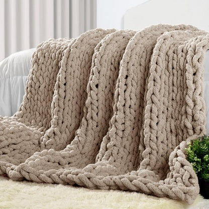 Carriediosa Chunky Knit Throw Blanket 50" X 60", 100% Hand Made Large Chenille Loop Yarn Soft Fluffy Throws for Couch Sofa Bed, Big Crochet Cozy Heavy Thick Cable Woven Blankets, Taupe