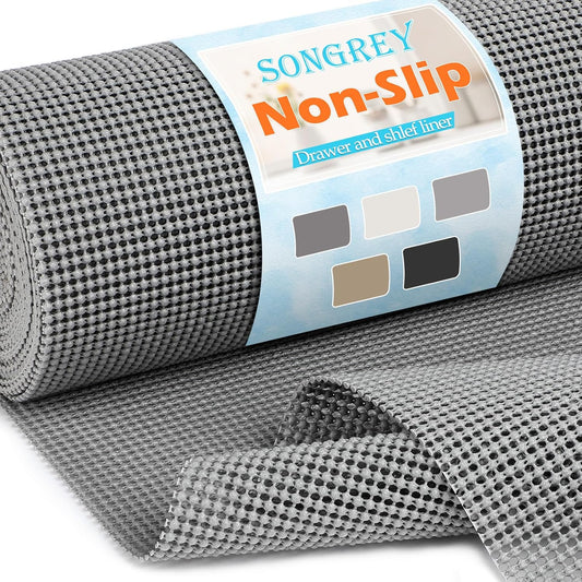 Songrey Non-Adhesive Drawer & Shelf Liner - 12IN x 20FT Non-Slip Cabinet Mat | Thick, Breathable Dark Gray