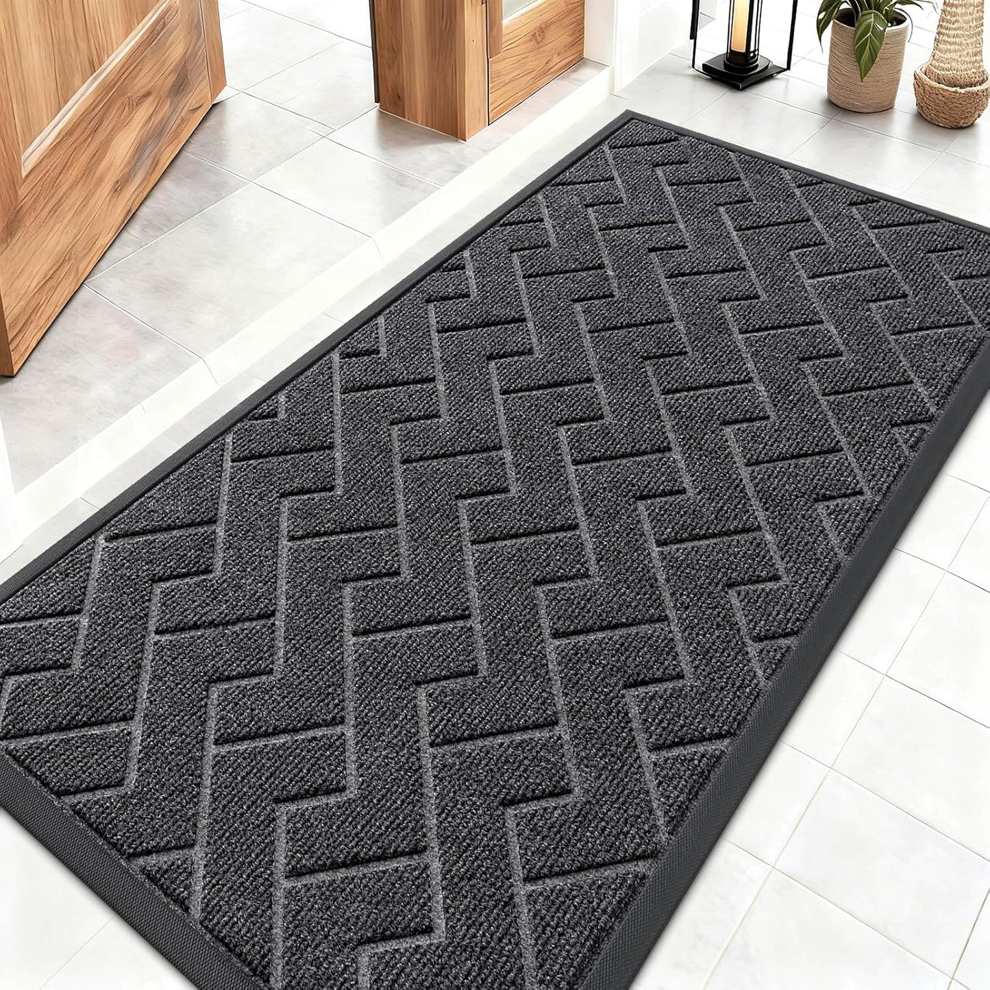 OLANLY Indoor Outdoor Front Door Mat - Waterproof All-Season Herringbone Design | Easy Clean, 47x23 Inches, Grey