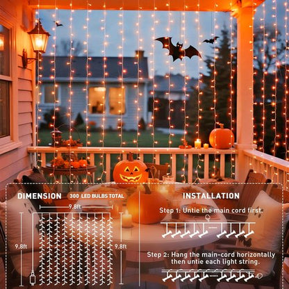 JMEXSUSS 300LED Orange Halloween Lights - Remote-Controlled 9.8x9.8ft Curtain String Lights for Indoor/Outdoor Fall Decor