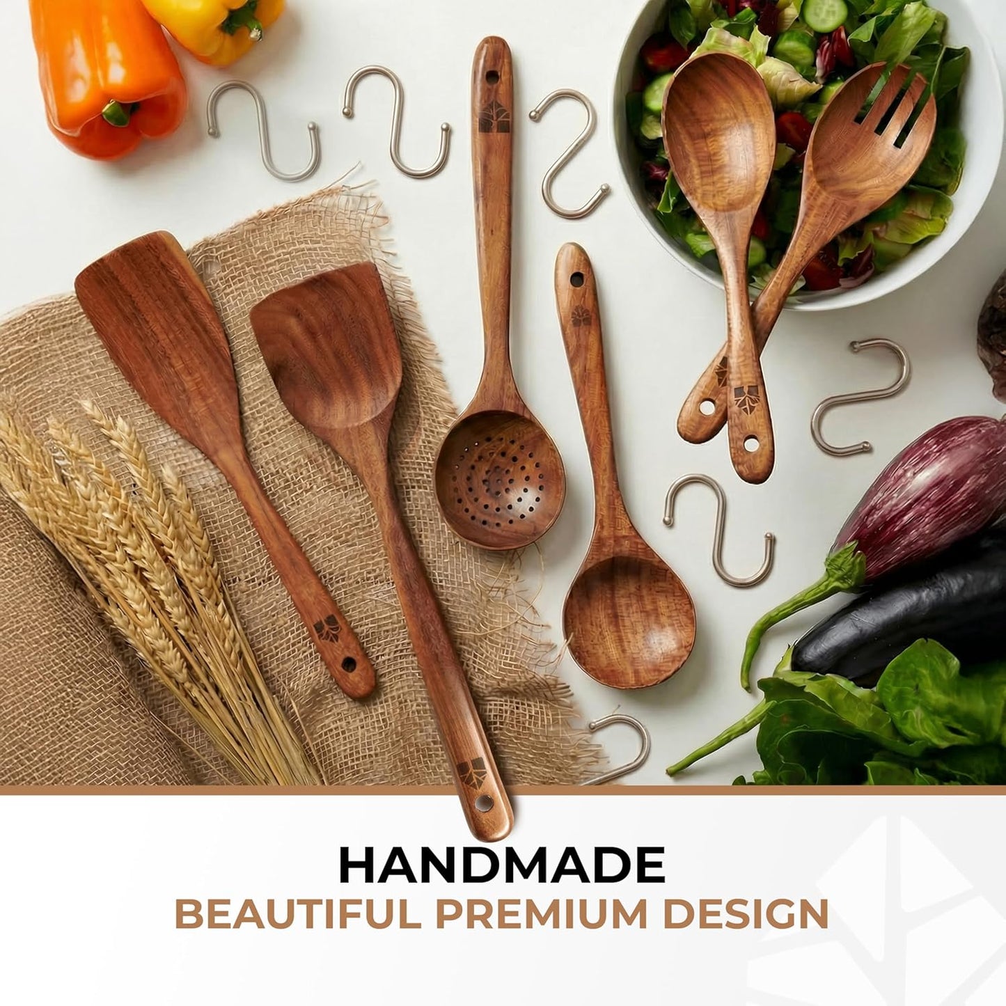Skiennix Wooden Spoons - 6 Pcs Premium Teak Utensil Set | Durable, Nonstick, Easy to Clean & Heat Resistant