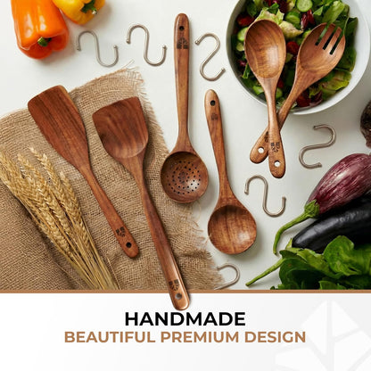 Skiennix Wooden Spoons - 6 Pcs Premium Teak Utensil Set | Durable, Nonstick, Easy to Clean & Heat Resistant