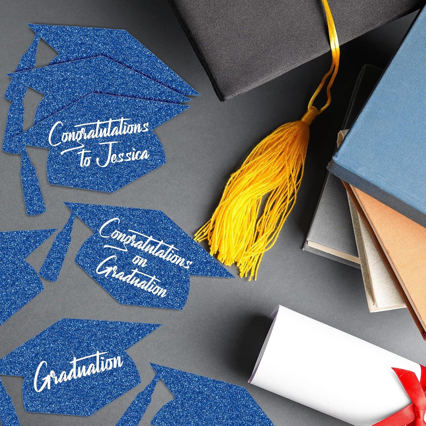 Whaline Graduation Cap Cutouts - Glitter Blue Confetti with 100 Glue Points | 50 Pcs, 5.7 Inch