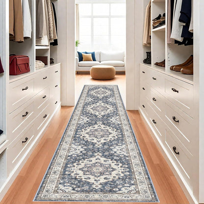 Skiennix Washable 3x12 Hallway Runner Rug - Non-Slip Floral Design | Stain Resistant Low Pile Mat (Blue)