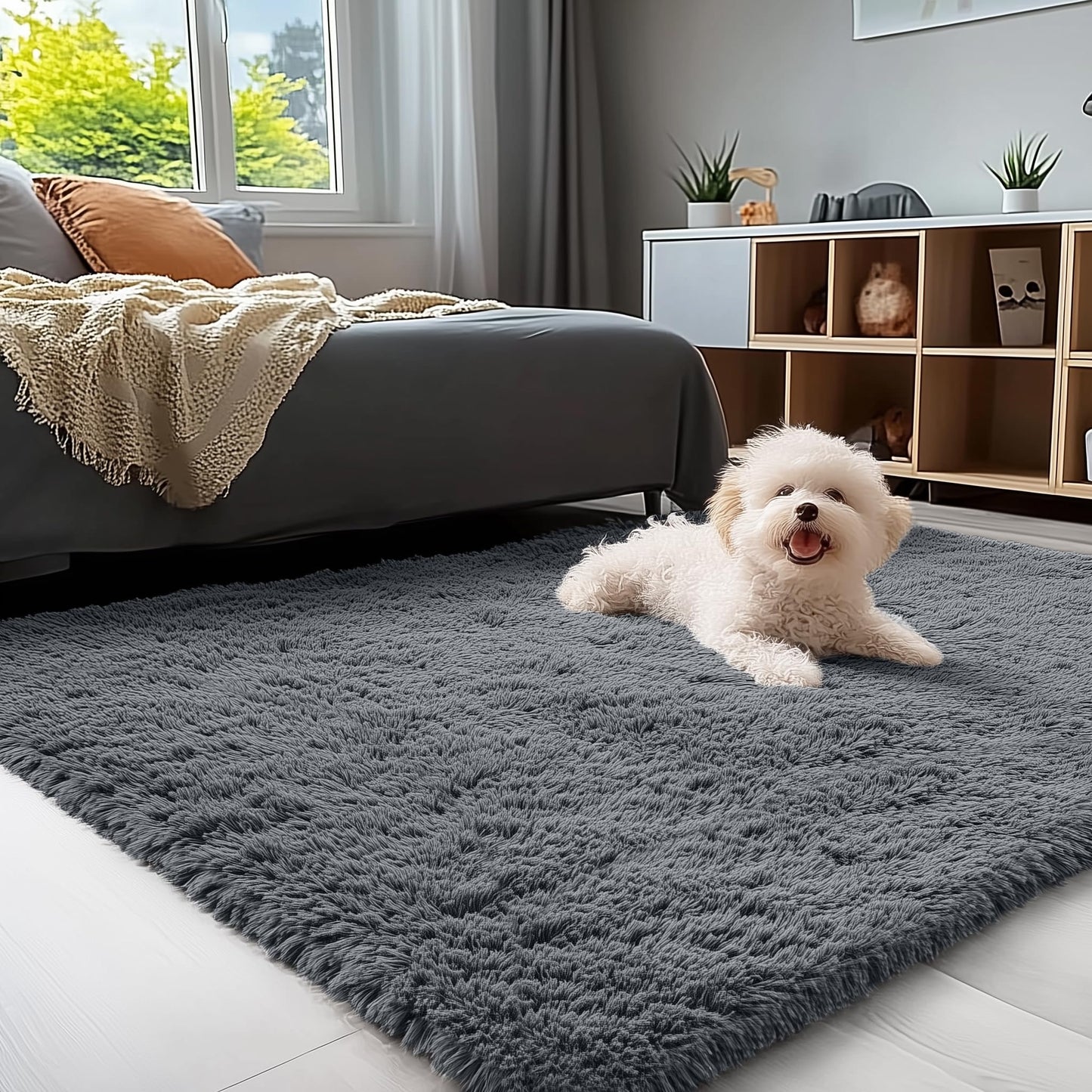 OLANLY 4x4 Machine Washable Accent Rug, Soft Fluffy Shaggy Area Rug for Bedroom, Living Room, Indoor Floor Carpet for Kids, Nursery, Home Decor, Grey