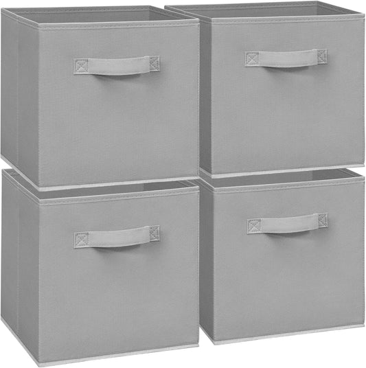 Skiennix Storage Bins - Set of 4 Collapsible Fabric Cubes with Handles - Grey Closet Organizers
