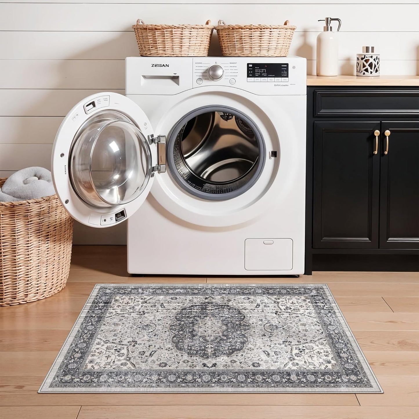 Regine Switzerland Washable 2x3 Entryway Area Rug - Vintage Soft Thin Non-Slip Carpet in Grey