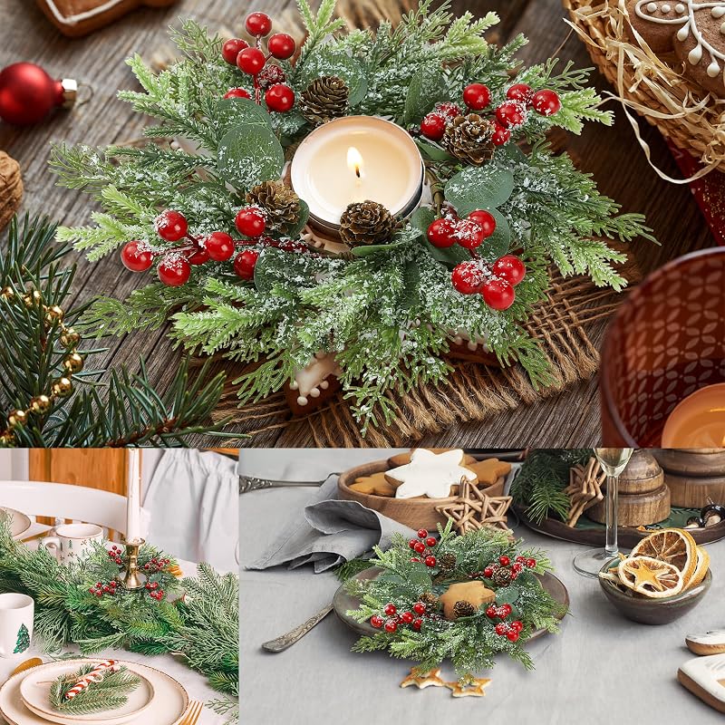 11-Inch 6 Pcs Christmas Candle Rings Norfolk Pine Wreaths with Red Berries and Pinecones