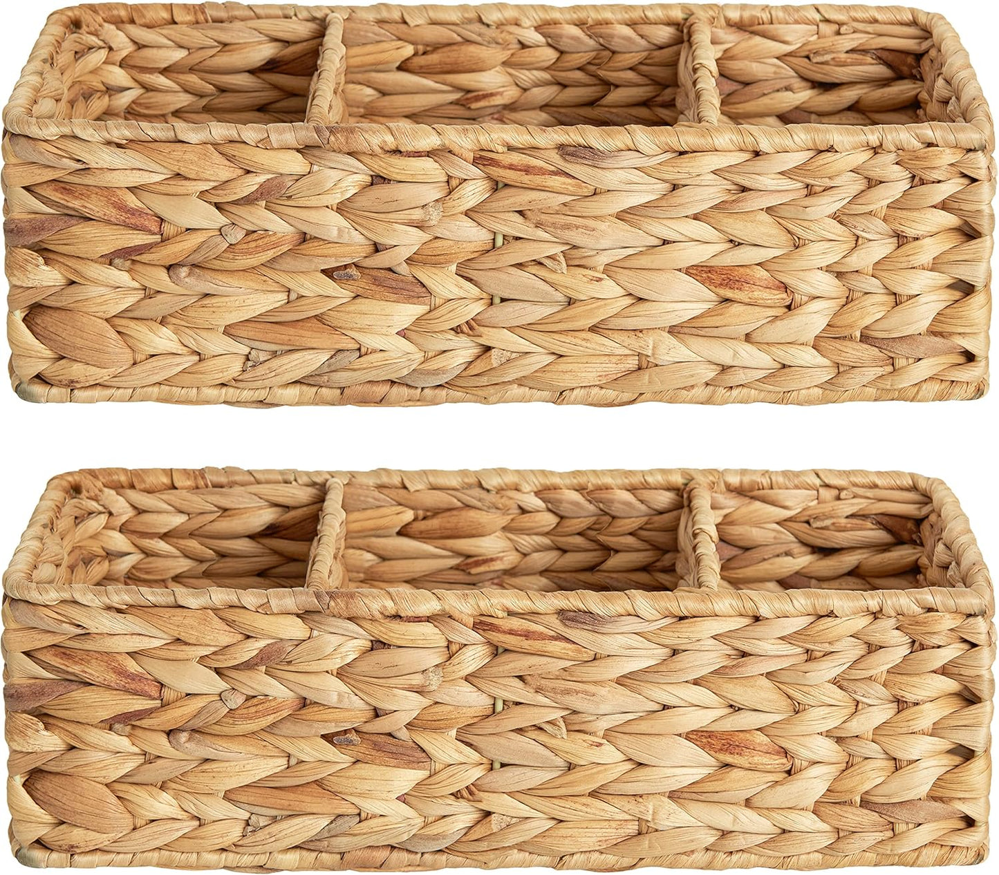 StorageWorks Wicker Basket - Stylish 3-Section Storage Solution for Shelves & Toilet Tanks | 2-Pack