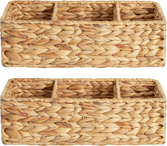 StorageWorks Wicker Basket - Stylish 3-Section Storage Solution for Shelves & Toilet Tanks | 2-Pack