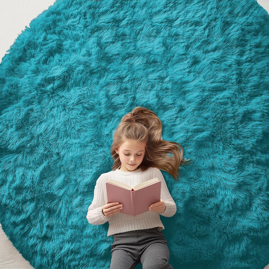 OLANLY Teal Round Area Rug - Soft, Fluffy, Machine Washable 7 ft Circle Carpet for Bedroom & Living Room