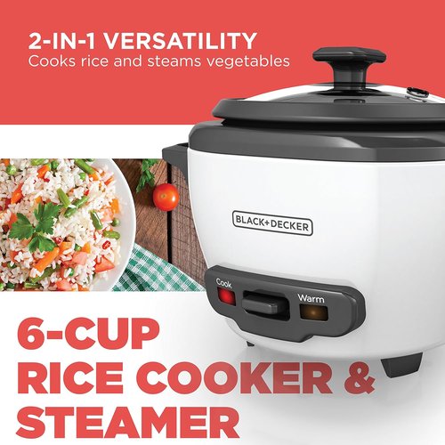 BLACK+DECKER 6-Cup Rice Cooker - Removable Non-Stick Bowl & Steaming Basket, White Finish