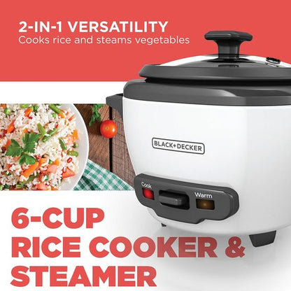 BLACK+DECKER 6-Cup Rice Cooker - Removable Non-Stick Bowl & Steaming Basket, White Finish