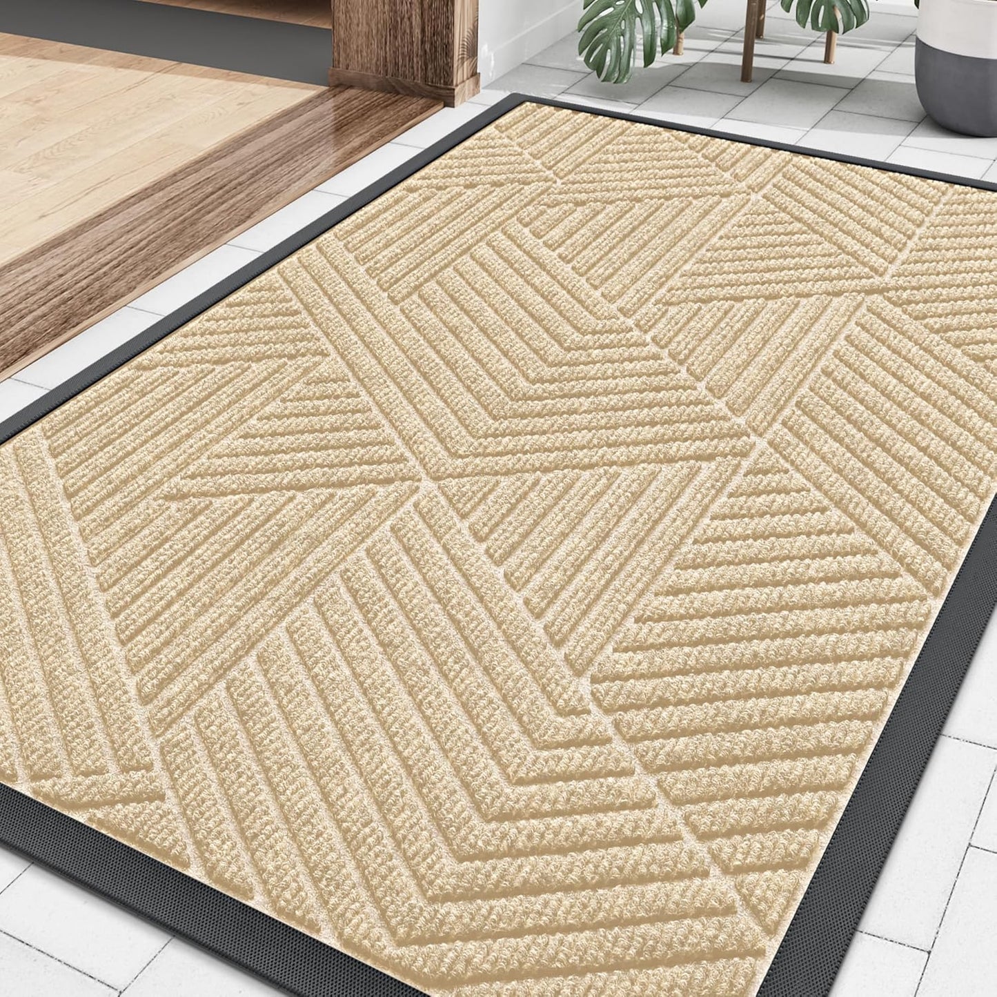 Smiry Heavy-Duty Natural Rubber Front Door Mat - Trap Dirt & Moisture, Easy Clean | Irregular Triangle (29.5x17, Beige)