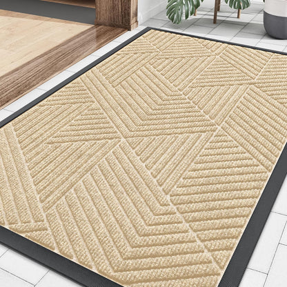 Smiry Heavy-Duty Natural Rubber Front Door Mat - Trap Dirt & Moisture, Easy Clean | Irregular Triangle (29.5x17, Beige)