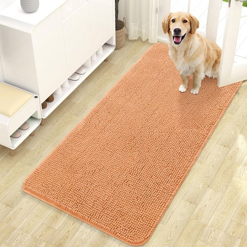 OLANLY Dog Door Mat for Muddy Paws 47x24, Absorbs Moisture and Dirt, Absorbent Non-Slip Washable Doormat, Quick Dry Chenille Mud Mat for Dogs, Entry Indoor Entryway Carpet for Inside Floor, Orange